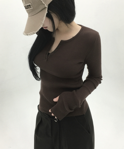 ボタンウォーマーリブスリムニット(5color) BROWN