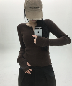 ボタンウォーマーリブスリムニット(5color) BROWN