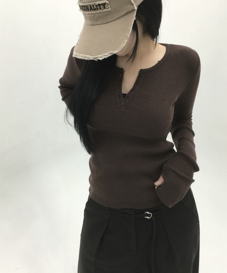 ボタンウォーマーリブスリムニット(5color) BROWN