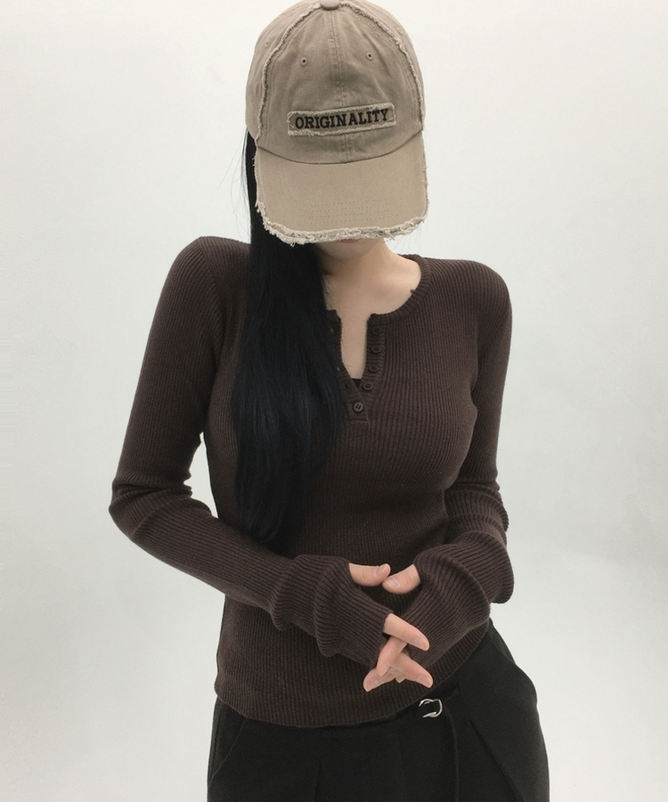 ボタンウォーマーリブスリムニット(5color) BROWN