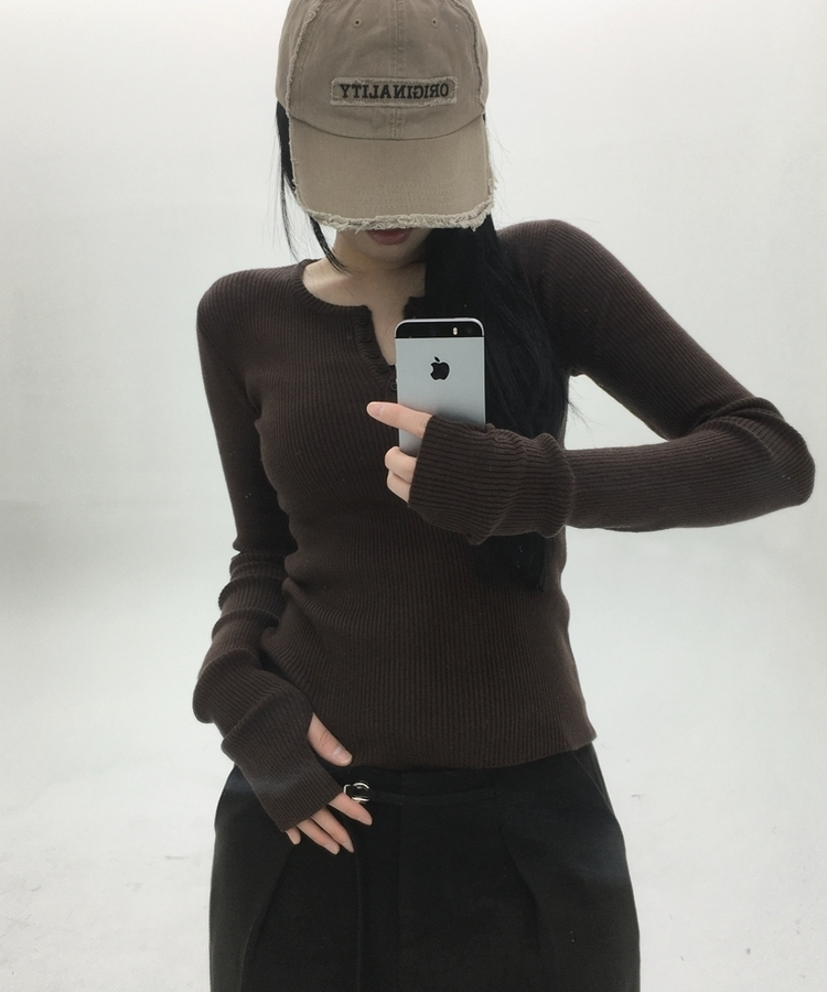 ボタンウォーマーリブスリムニット(5color) BROWN