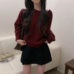 リボンオフショルダーウールニット(5color) RED