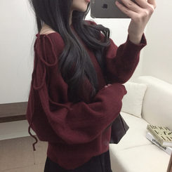 リボンオフショルダーウールニット(5color) RED