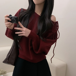 リボンオフショルダーウールニット(5color) RED