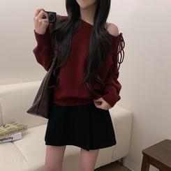 リボンオフショルダーウールニット(5color) RED