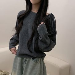 リボンオフショルダーウールニット(5color) GREY