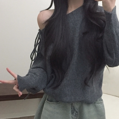 リボンオフショルダーウールニット(5color) GREY