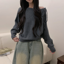 リボンオフショルダーウールニット(5color) GREY