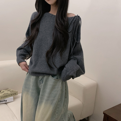 リボンオフショルダーウールニット(5color) GREY
