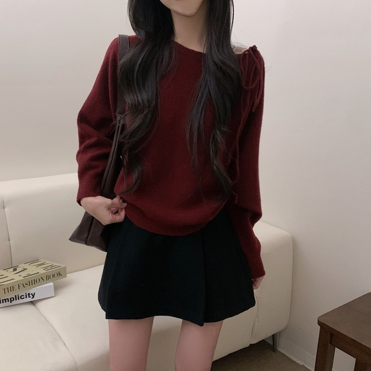 リボンオフショルダーウールニット(5color) RED