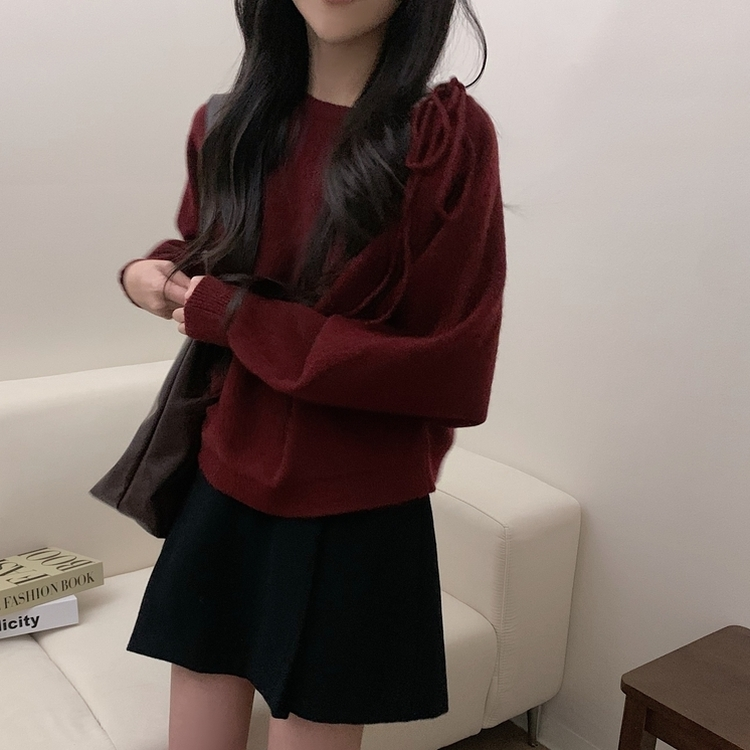 リボンオフショルダーウールニット(5color) RED