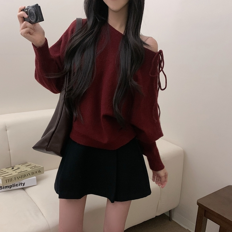 リボンオフショルダーウールニット(5color) RED