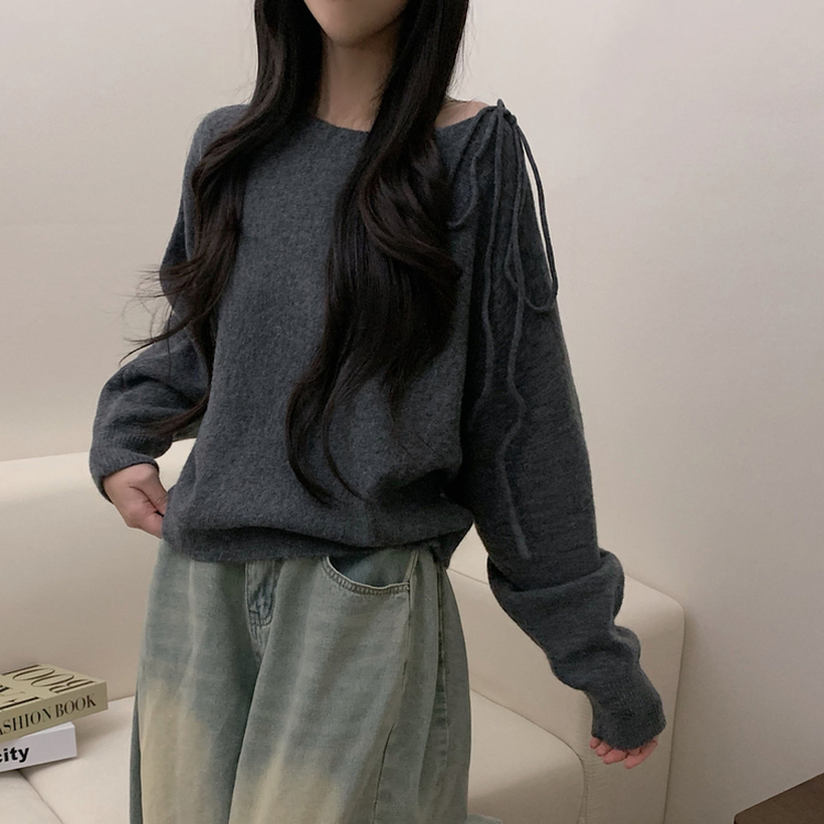 リボンオフショルダーウールニット(5color) GREY