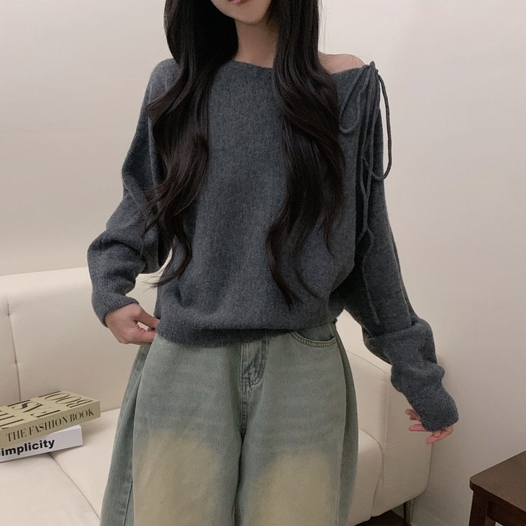 リボンオフショルダーウールニット(5color) GREY