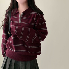 스포티 캐쥬얼 단가라 카라 스트라이프 오버핏 니트 퍼플