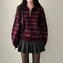 스포티 캐쥬얼 단가라 카라 스트라이프 오버핏 니트 퍼플