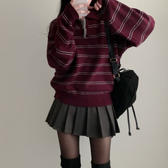 스포티 캐쥬얼 단가라 카라 스트라이프 오버핏 니트 퍼플