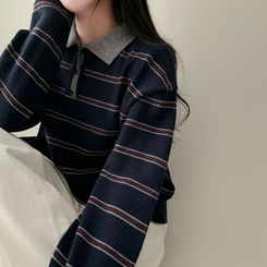 스포티 캐쥬얼 단가라 카라 스트라이프 오버핏 니트 네이비