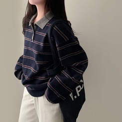스포티 캐쥬얼 단가라 카라 스트라이프 오버핏 니트 네이비