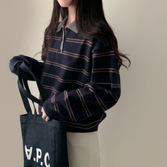 스포티 캐쥬얼 단가라 카라 스트라이프 오버핏 니트 네이비