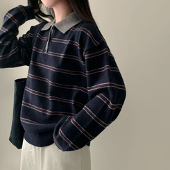 스포티 캐쥬얼 단가라 카라 스트라이프 오버핏 니트 네이비