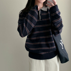 스포티 캐쥬얼 단가라 카라 스트라이프 오버핏 니트 네이비