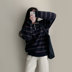 스포티 캐쥬얼 단가라 카라 스트라이프 오버핏 니트 네이비