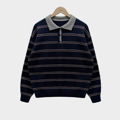 스포티 캐쥬얼 단가라 카라 스트라이프 오버핏 니트