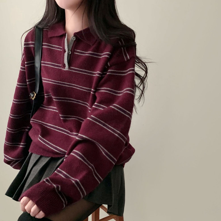 스포티 캐쥬얼 단가라 카라 스트라이프 오버핏 니트 퍼플