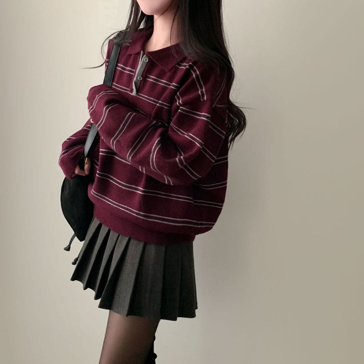 스포티 캐쥬얼 단가라 카라 스트라이프 오버핏 니트 퍼플