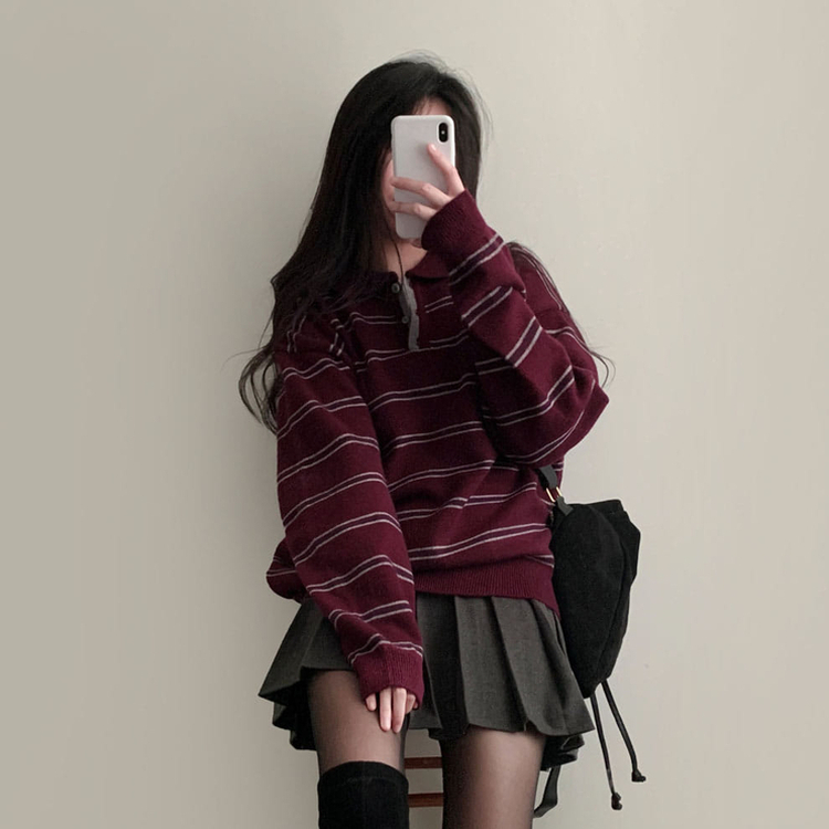 스포티 캐쥬얼 단가라 카라 스트라이프 오버핏 니트 퍼플