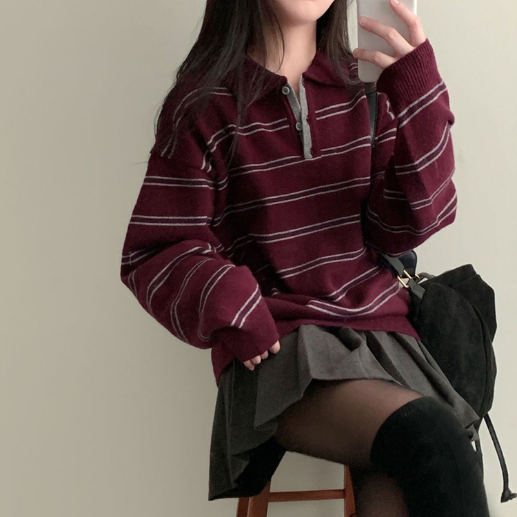 스포티 캐쥬얼 단가라 카라 스트라이프 오버핏 니트 퍼플