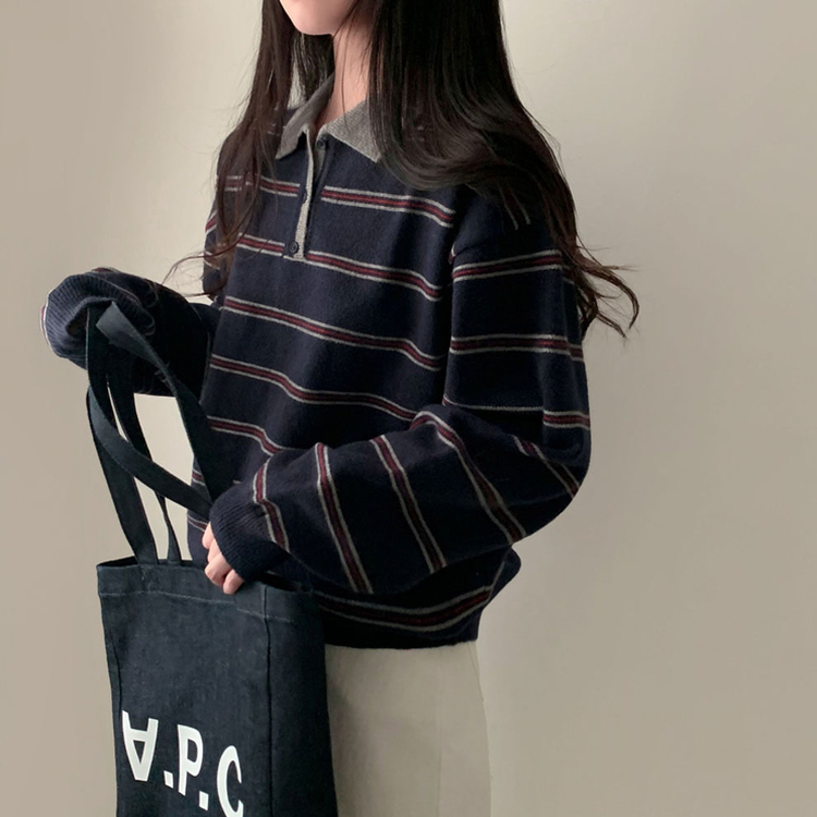 스포티 캐쥬얼 단가라 카라 스트라이프 오버핏 니트 네이비