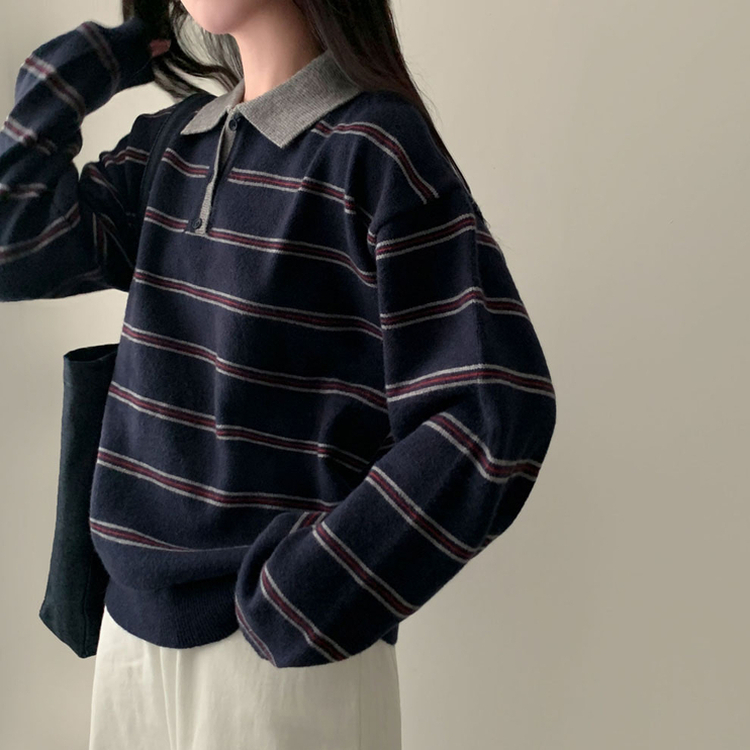 스포티 캐쥬얼 단가라 카라 스트라이프 오버핏 니트 네이비