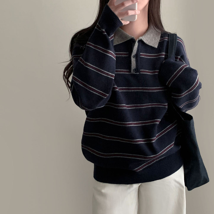 스포티 캐쥬얼 단가라 카라 스트라이프 오버핏 니트 네이비