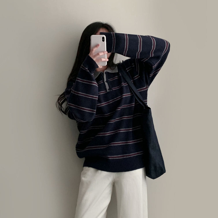 스포티 캐쥬얼 단가라 카라 스트라이프 오버핏 니트 네이비