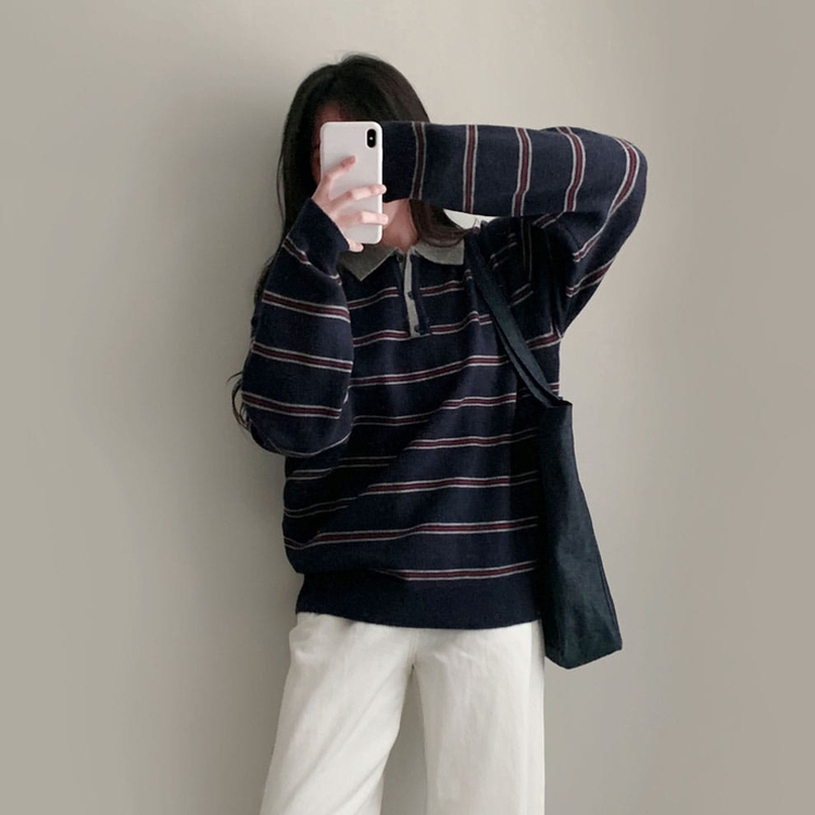 스포티 캐쥬얼 단가라 카라 스트라이프 오버핏 니트 네이비