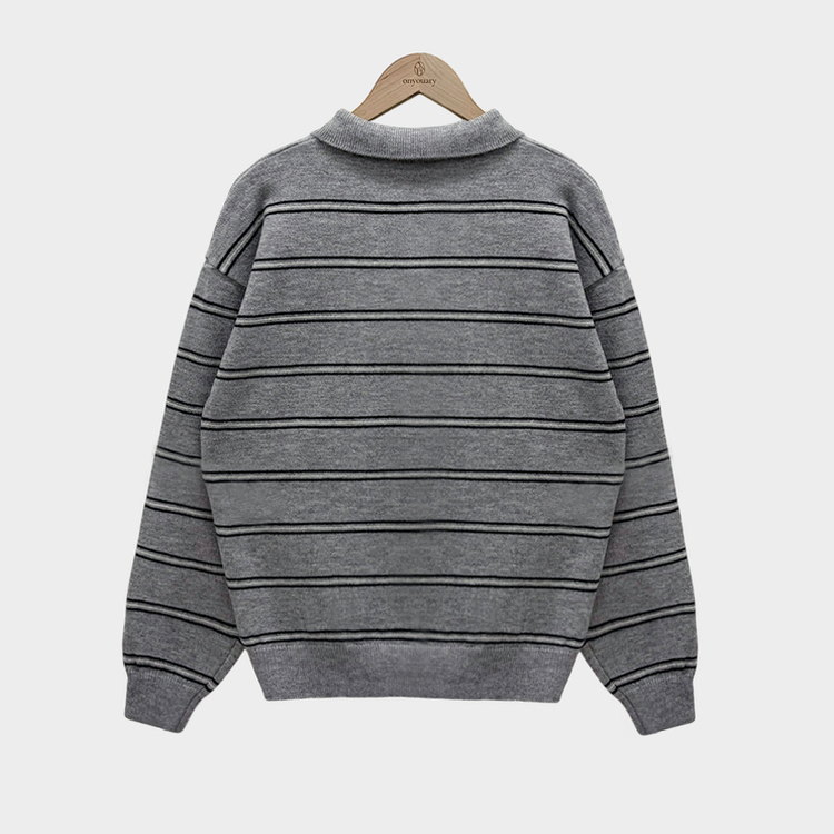 스포티 캐쥬얼 단가라 카라 스트라이프 오버핏 니트