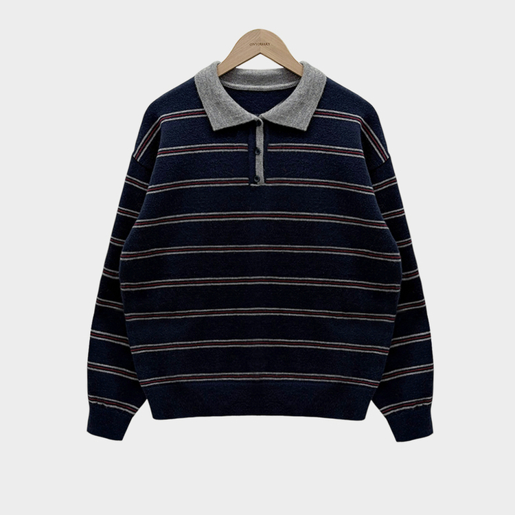 스포티 캐쥬얼 단가라 카라 스트라이프 오버핏 니트