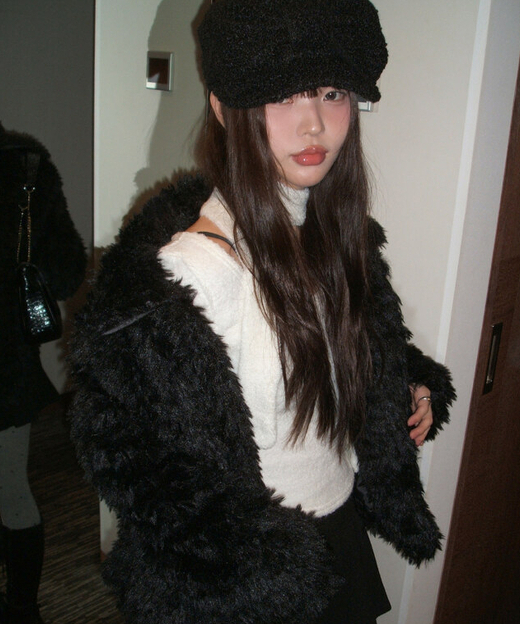 ルオンカラーキルティングファーハーフジャケット BLACK