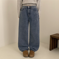 【丈別】【起毛】イウエストセミワイドデニムパンツ LIGHT DENIM