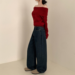 【丈別】【起毛】イウエストセミワイドデニムパンツ GRAYISH BLUE