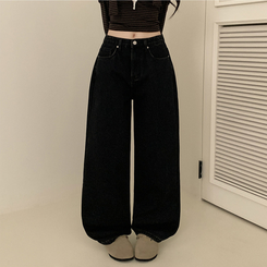 【丈別】【起毛】イウエストセミワイドデニムパンツ BLACK