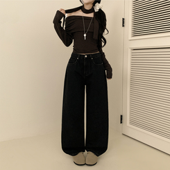 【丈別】【起毛】イウエストセミワイドデニムパンツ BLACK