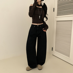 【丈別】【起毛】イウエストセミワイドデニムパンツ BLACK