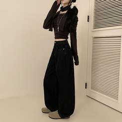 【丈別】【起毛】イウエストセミワイドデニムパンツ BLACK