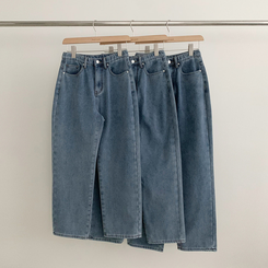 【丈別】【起毛】イウエストセミワイドデニムパンツ