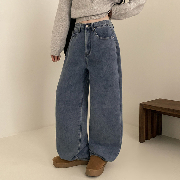 【丈別】【起毛】イウエストセミワイドデニムパンツ LIGHT DENIM