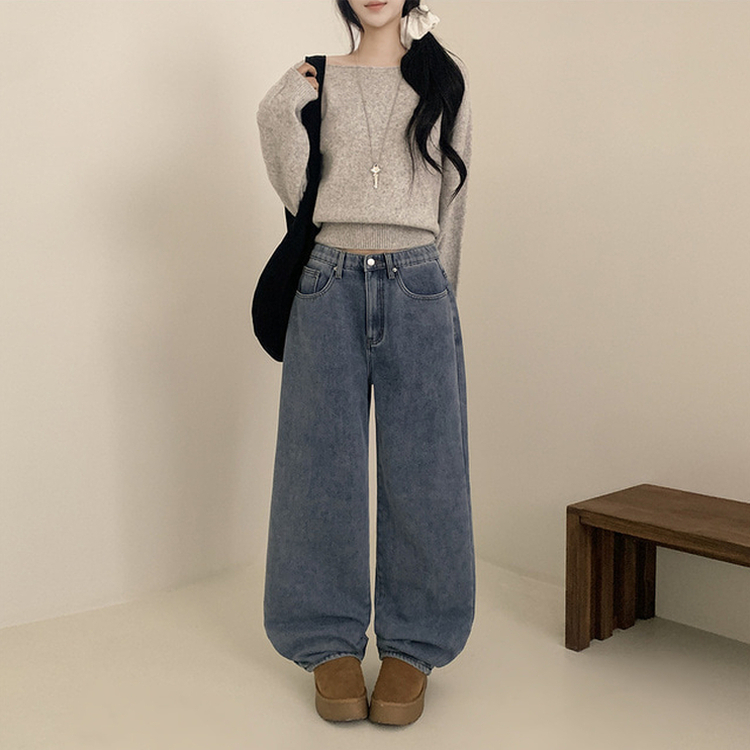 【丈別】【起毛】イウエストセミワイドデニムパンツ LIGHT DENIM