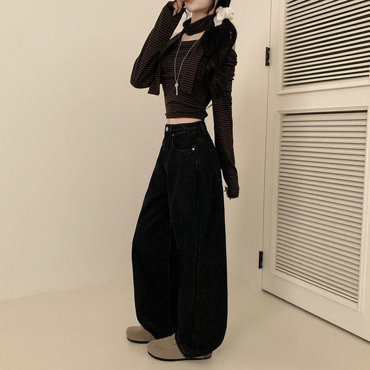 【丈別】【起毛】イウエストセミワイドデニムパンツ BLACK